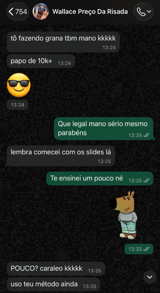 Conversa no WhatsApp com membro relatando resultados na comunidade