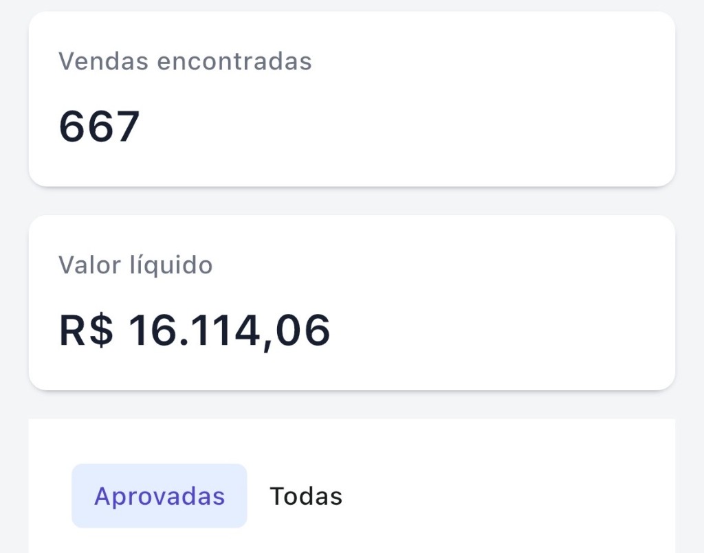 Painel com vendas encontradas e valor líquido em reais